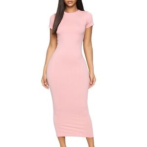 Blush Light Pink Bodycon Short Sleeve Midi Dress (Size Small)